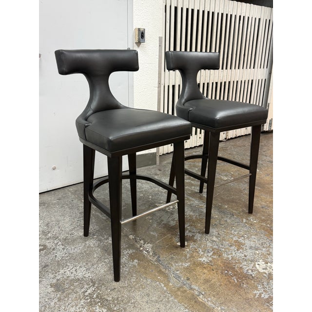 Contemporary Global Views Anvil Black Leather Bar Stools, Pair For Sale - Image 3 of 12