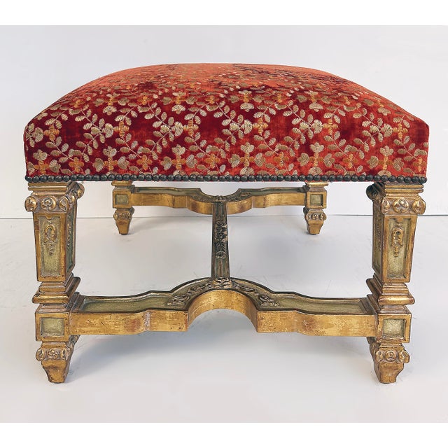French Late 20th Century Carved Giltwood Ottomans/Benches, Embroidered Seats, Nailheads, Pair, Louis XIV For Sale - Image 3 of 11