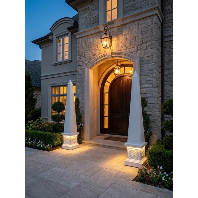 Pair of Grand Classical Cast Stone Garden Obelisks on Lattice Plinths For Sale In West Palm - Image 6 of 11