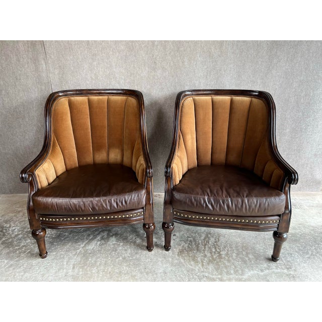 Late 20th Century Fabulous Pair of Leather and Velvet Channel Back Library Club Chairs For Sale In Washington DC - Image 6 of 12
