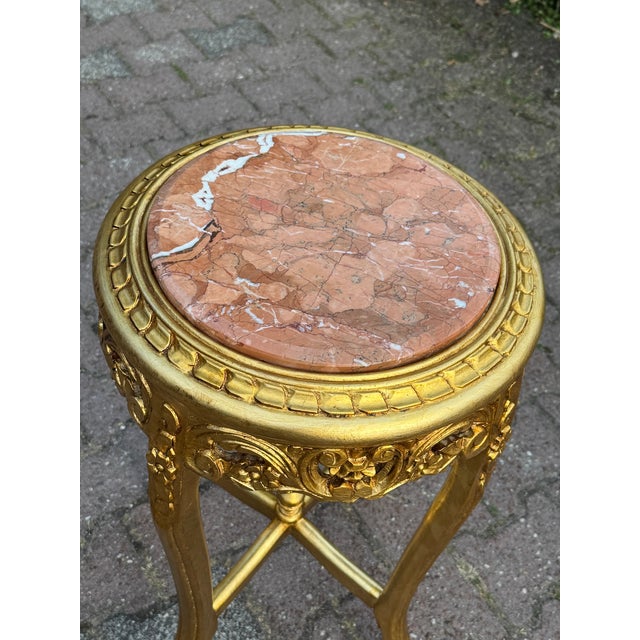Gold 1950s French Louis XVI Gold Beech Marble Side Tables Pair For Sale - Image 8 of 11