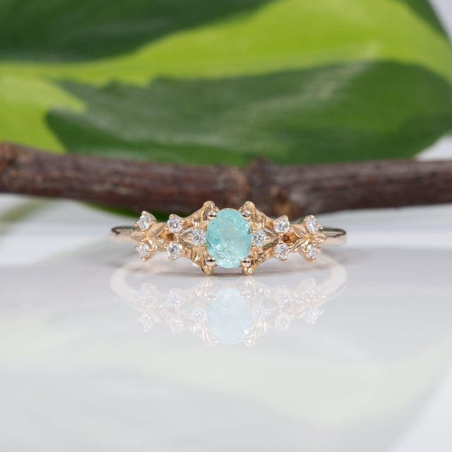 2020s Paraiba Tourmaline Ring With Natural Diamond Accents in Solid 14k Gold, 5x3mm, Size 6.75 For Sale - Image 5 of 9