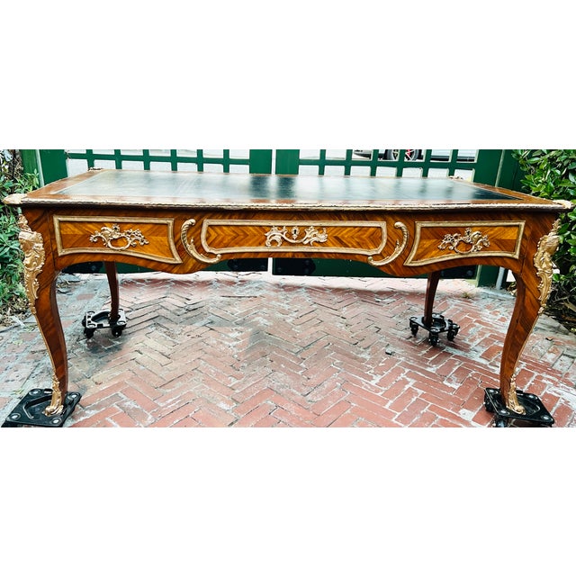 Mid 20th Century French Louis XV Bureau Plat Desk With Ormolu Mounts, Leather Top & Herringbone Parquetry Veneers For Sale - Image 9 of 10