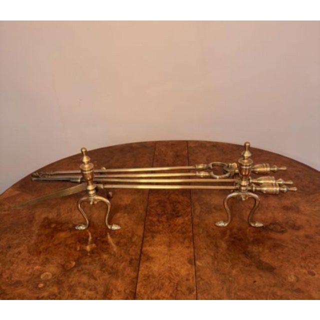 Early 20th Century Antique Edwardian Brass Fire Irons and Fire Dogs, 1900, Set of 5 For Sale - Image 5 of 6