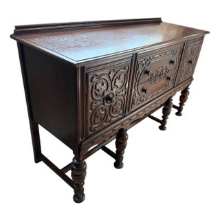1930s Vintage Bernhardt Beautiful Jacobean Side Buffet - Versatile - Elegantly Carved, Inner Trays and Versatile Storage For Sale