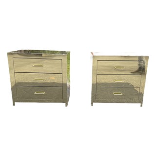 Vintage Sarreid-Style Brass Clad Night Stands or Side Tables With Drawers - A Pair For Sale