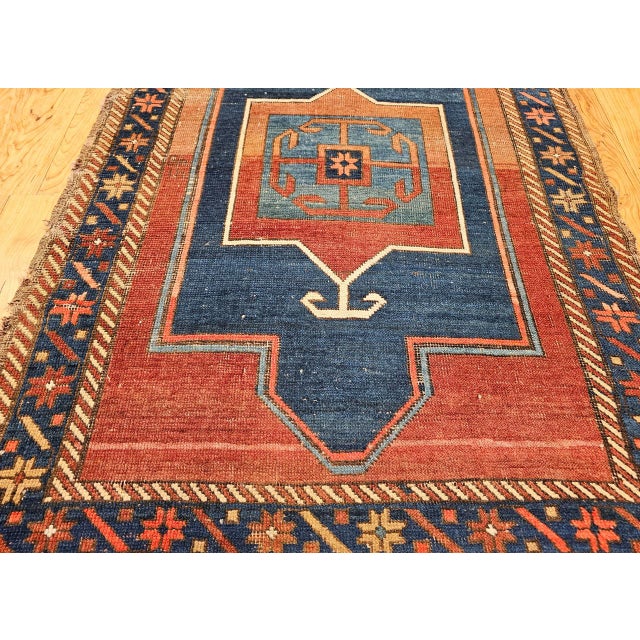 19th Century Caucasian Fachralo Kazak Prayer Area Rug, Persimmon & Blue, 3' x 4' For Sale - Image 10 of 15