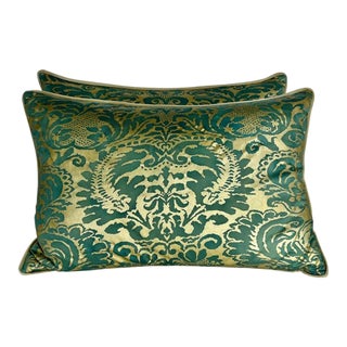 Pair of Custom Green & Gold Fortuny Pillows For Sale