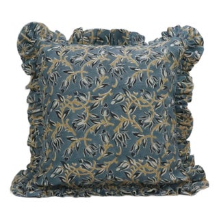 Fabdivine Decorative Block Print Frill Cushion Cover Blue 14x14 Inch Thick Linen- Kamal Dutta For Sale