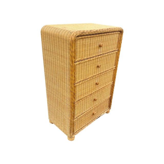 1980s Vintage Wicker Tall Dresser or Chest of Drawers in Boho Chic Coastal Style For Sale - Image 5 of 7