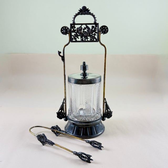 Late 19th Century Victorian Era Meriden Silver Plate & Pressed Glass Pickle Castor & Tongs For Sale - Image 5 of 18