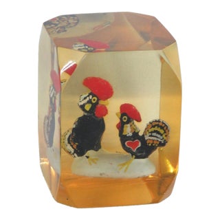 Barcelos Roosters Encased Lucite Souvenir Paperweight Amber Tinted Acrylic 5105b For Sale