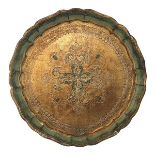 Vintage Italian Florentine Gold and Green Round Tray For Sale