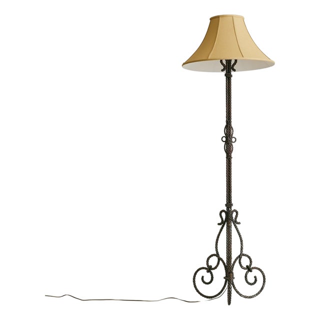 1940s French Iron Rope Motif Floor Lamp with Linen Shade For Sale