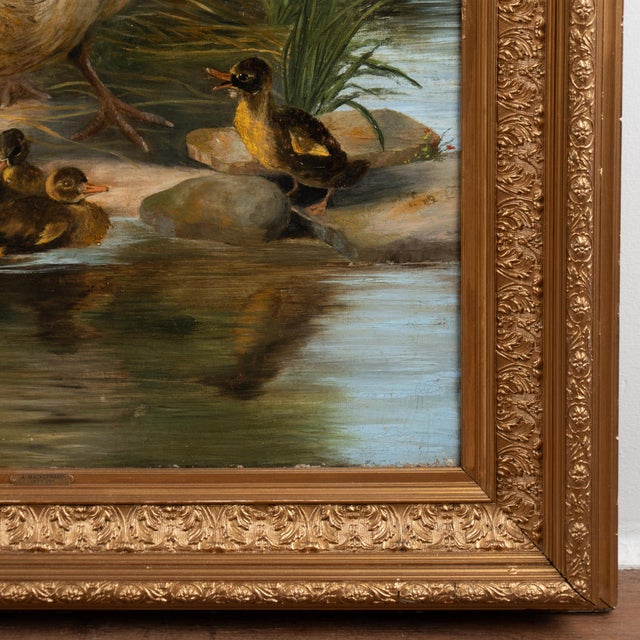 20th C. Orig. Oil on Canvas Painting of Hen & Ducklings at Pond by A. Mackeprang For Sale - Image 9 of 9