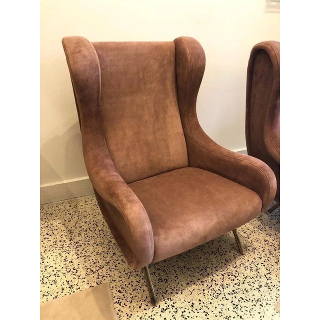 Mid-Century Modern Marco Zanuso Senior Armchairs for Arflex in Opaque Rose Suede Leather - a Pair For Sale - Image 3 of 9