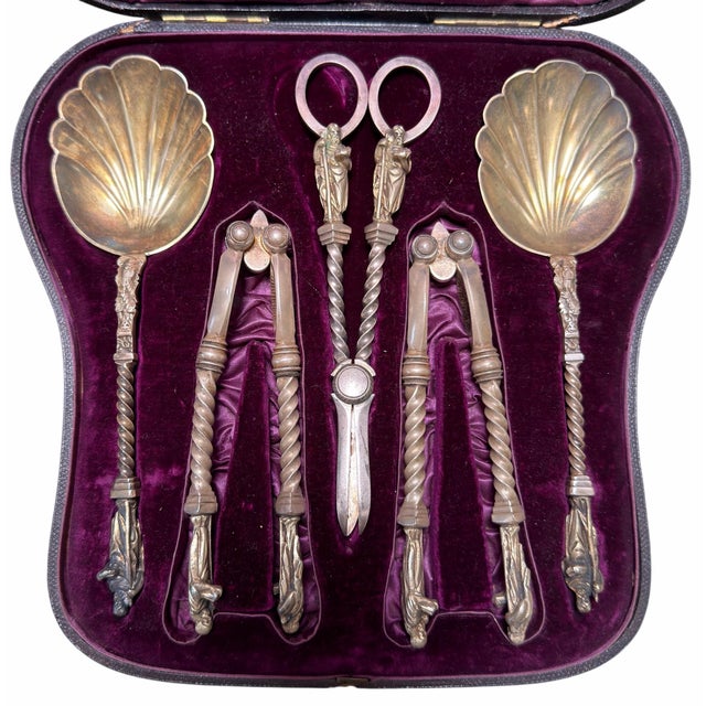Antique English Silver Apostle Fruit & Nut Set by Martin Hall & Co Sheffield. Includes original custom satin lined leather...