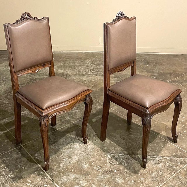 Burnt Umber Set of 6 Antique Country French Louis XVI Dining Chairs With Leather For Sale - Image 8 of 18