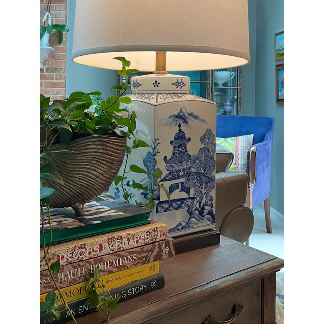 Chinoiserie Vintage Frederick Cooper Chinoiserie Blue & White Lidded Jar Table Lamp — 28” For Sale - Image 3 of 12