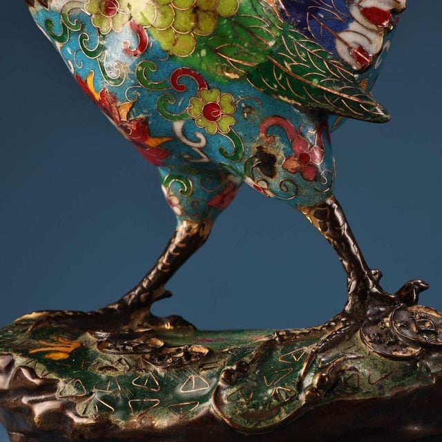 Vintage Chinese Cloisonné Enamel & Gilt Bronze Rooster Sculpture on Stand For Sale - Image 10 of 10