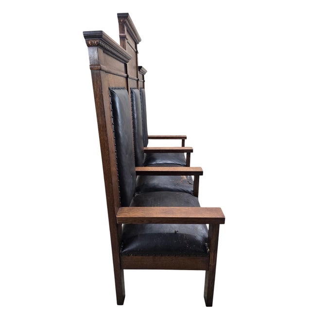 Antique Mission Revival Oak Triple Hall Bench – Original Leather – For Reupholstery Antique Mission Revival triple hall...