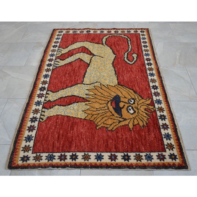Ruby Red Quirky Lion Oushak Rug 3x5, Whimsical Folk Art Wool Rug, Terracotta Red Turkish Area Rug, Small Hand Knotted Leopard Rug for Entryway 3'5" X 5'1" For Sale - Image 8 of 16