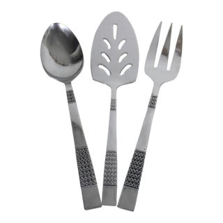 1960s Mid Century Modern Stainless Serving Set Spoon, Fork, Lifter, Set of Three Aztec Scroll For Sale