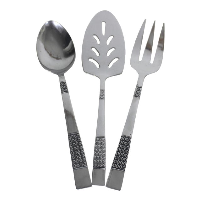 1960s Mid Century Modern Stainless Serving Set Spoon, Fork, Lifter, Set of Three Aztec Scroll For Sale