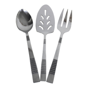 Mid Century Modern Stainless Serving Set Spoon, Fork, Lifter, Set of Three Aztec Scroll
