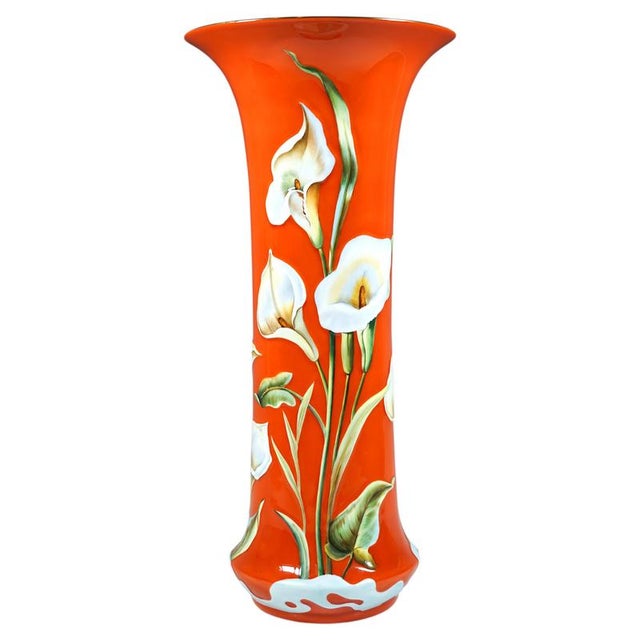 Ceramic Large Mid-Century Orange Vase with Calla Lilies from Herend, Hungary For Sale - Image 7 of 7