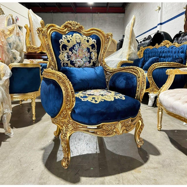 French Blue Bergère Wing Chair – French Style Armchair With Gold Leaf Details For Sale - Image 3 of 8