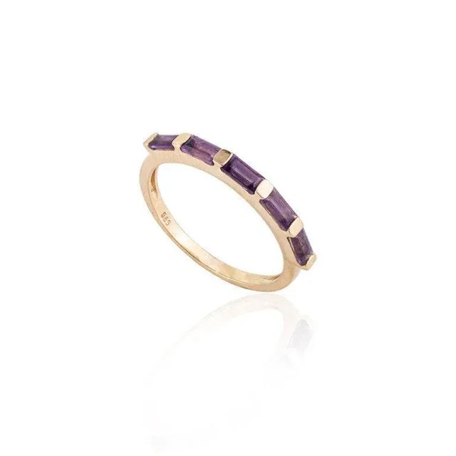Metal 14k Yellow Gold Stackable Amethyst Half Band Ring Size 5.5 For Sale - Image 7 of 9