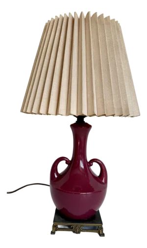 Vintage Burgundy Glazed Ceramic Amphora Double Handle Table Lamp With Pleated Shade