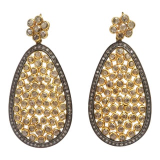 Large Diamond Flower With Dangling Diamond Teardrop Silver and Gold Earrings - 2 Pieces For Sale