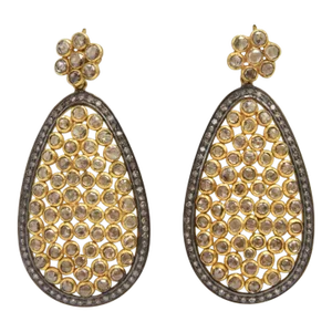 Large Diamond Flower With Dangling Diamond Teardrop Silver and Gold Earrings - 2 Pieces