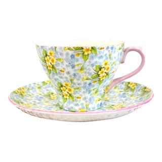 Shelley Primrose Chintz Teacup and Saucer, Fine Vintage English Bone China For Sale