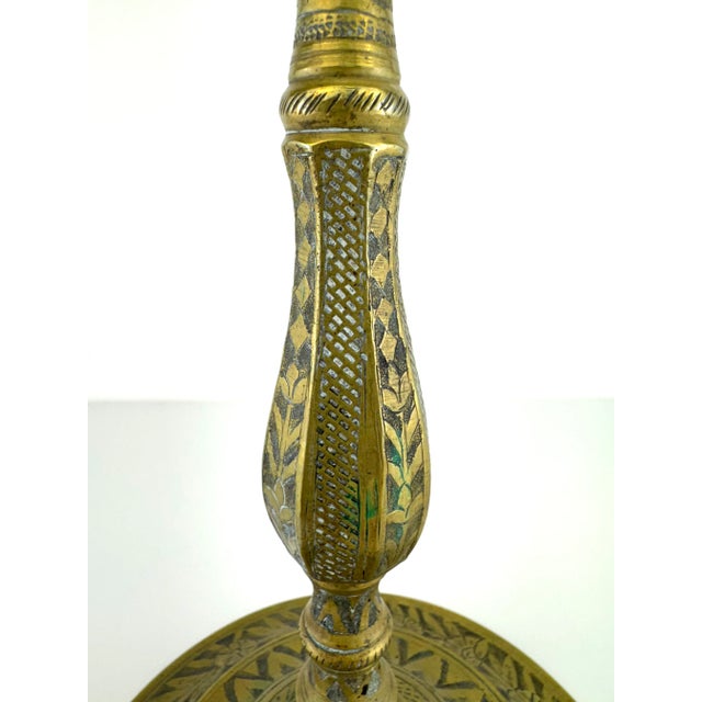 Ornate Vintage Brass Five-Arm Candelabra With Stylized Lions and Hand-Etched Detail For Sale - Image 4 of 16