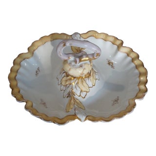 Circa 1880 Danish Victorian Art Nouveau Bing & Grondahl Porcelain Gilded Leaf Motifs Tidbit Server With Figural Onion Handle For Sale