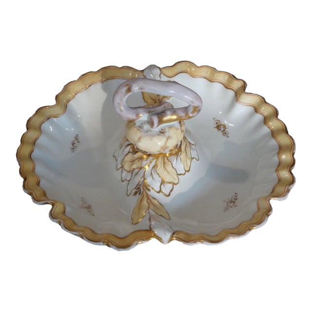 Circa 1880 Danish Victorian Art Nouveau Bing & Grondahl Porcelain Gilded Leaf Motifs Tidbit Server With Figural Onion Handle For Sale