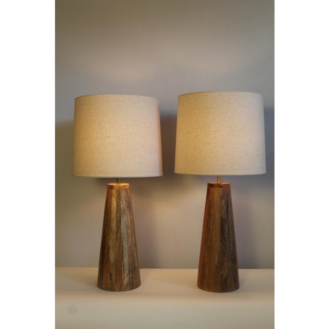 Pair of Lightolier influence tapered lamps. Beautiful hand rubbed walnut with oiled finish. Tweed taper shades. Would mix...