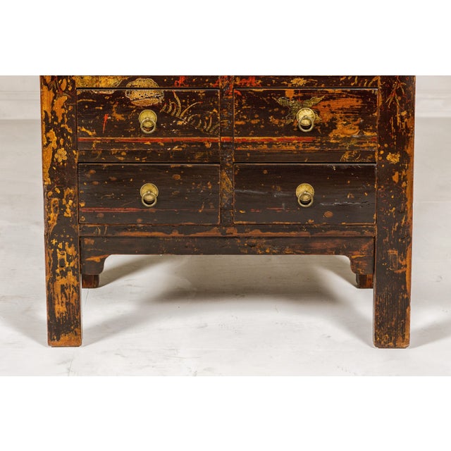 Brown Qing Dynasty Hand-Painted Cabinet with Floral Décor, Doors and Drawers For Sale - Image 8 of 12