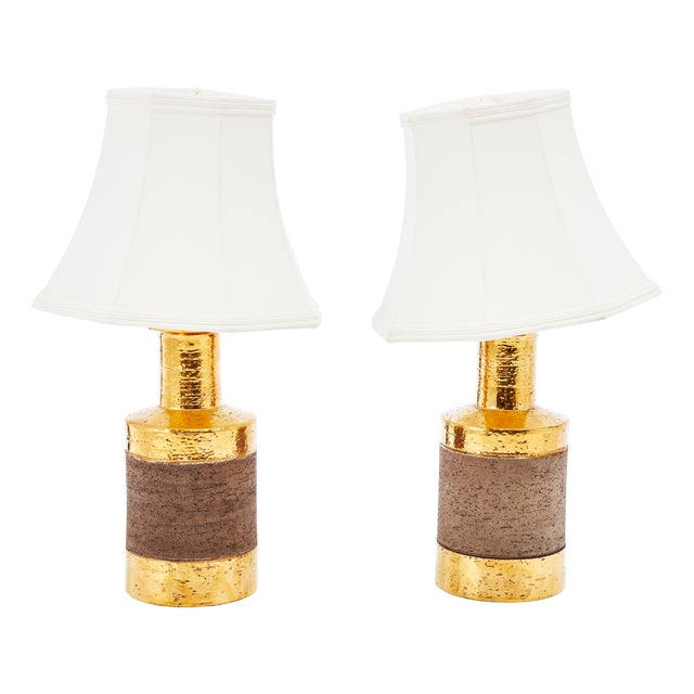 Golden Ceramic Table Lamps attributed to Bitossi, Italy, 1970s, Set of 2 For Sale