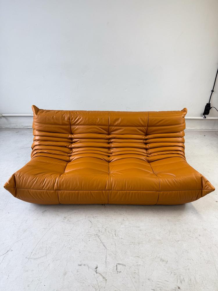 Cognac Light Leather Togo 3-Seater Sofa by Michel Ducaroy for