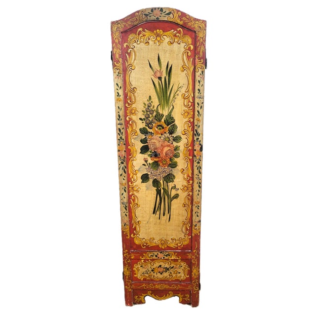 Canary Yellow Antique Italian Floral Scarlet & Black Venetian Painted 4 Panel Folding Screen For Sale - Image 8 of 15