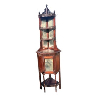 Title: Circa 1880 Victorian Gothic Revival Mahogany Corner Étagère Cabinet For Sale