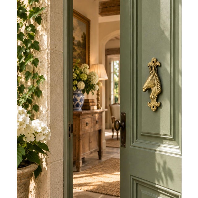 A charming vintage English equestrian door knocker dating to circa 1940, cast in brass and depicting a finely modeled...