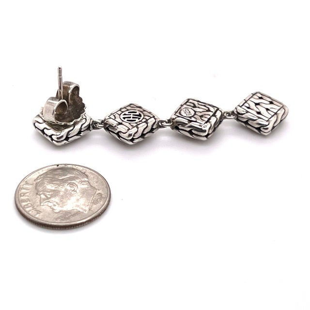 Traditional 1990s Pair of John Hardy Estate Palu Hammered Drop Earrings 2" Silver For Sale - Image 3 of 7