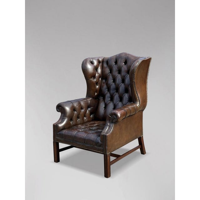 Animal Skin Brown Leather Full Button Wing Back Armchair, 1910 For Sale - Image 7 of 9