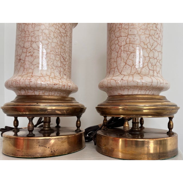 Cream Stiffel Mid-Century Modern Crackle Glazed Brass Table Lamps - A Pair For Sale - Image 8 of 11
