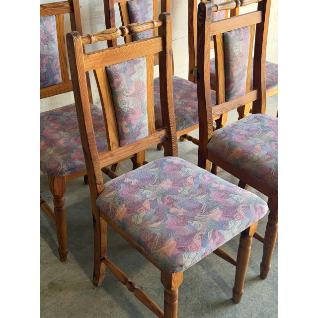 1980s Solid Pine High-Back Upholstered Dining Chairs Set of 6 Vintage 1980s For Sale - Image 5 of 10